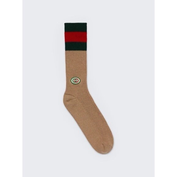 NWT GUCCI CLASSIC SOCKS CAMEL WEB DARK GREEN SZ L 100% Authentic - Picture 1 of 8